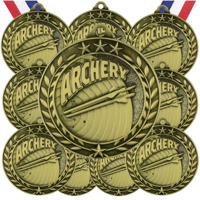 10 Pack Archery Gold Medals Trophy Award with Neck Ribbons WAMG-933