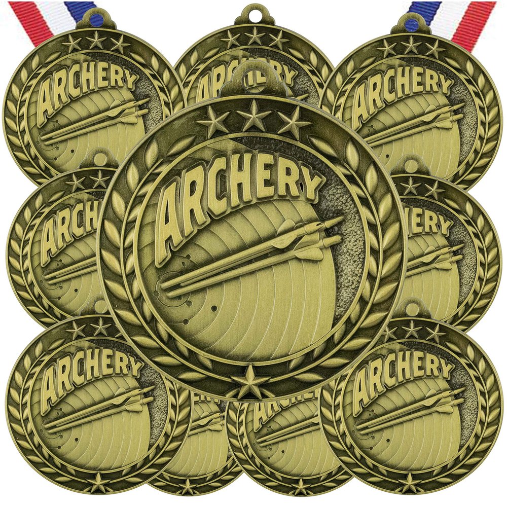 10 Pack Archery Gold Medals Trophy Award with Neck Ribbons WAMG-933