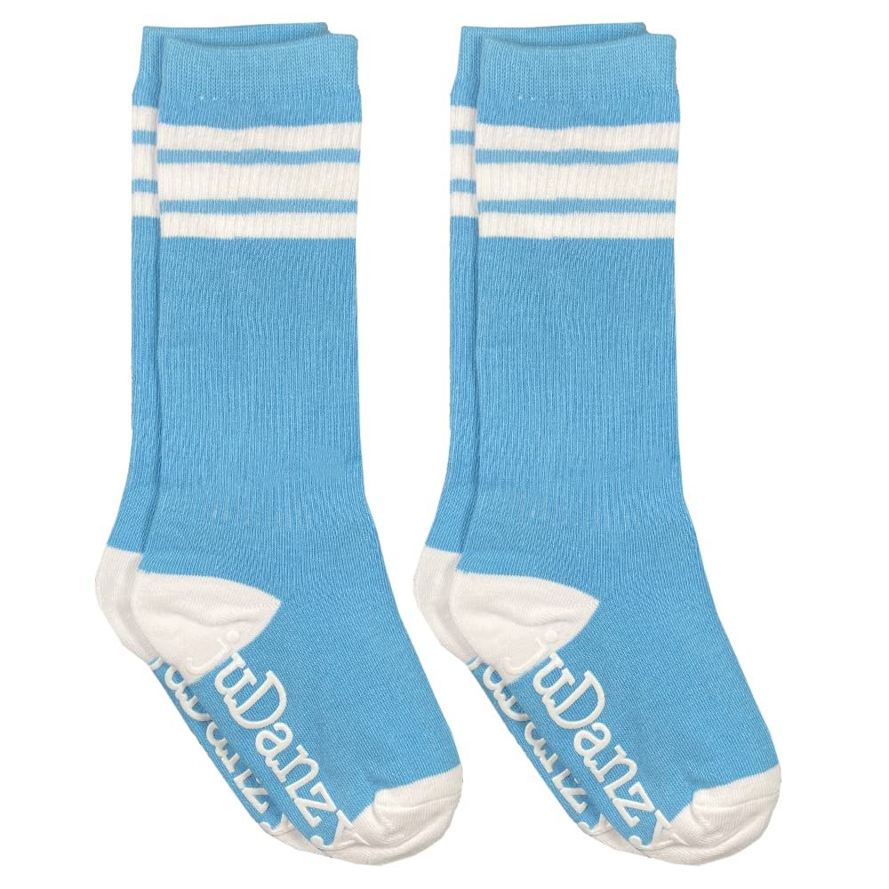 juDanzy 2 Pack Knee High Triple Stripe Sporty Tube Socks for Boys and Girls (Columbia Blue, 4_years)