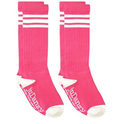 juDanzy 2 Pack Knee High Stripe Sporty Tube Socks for Boys and Girls (Hot Pink, 6-10 years)