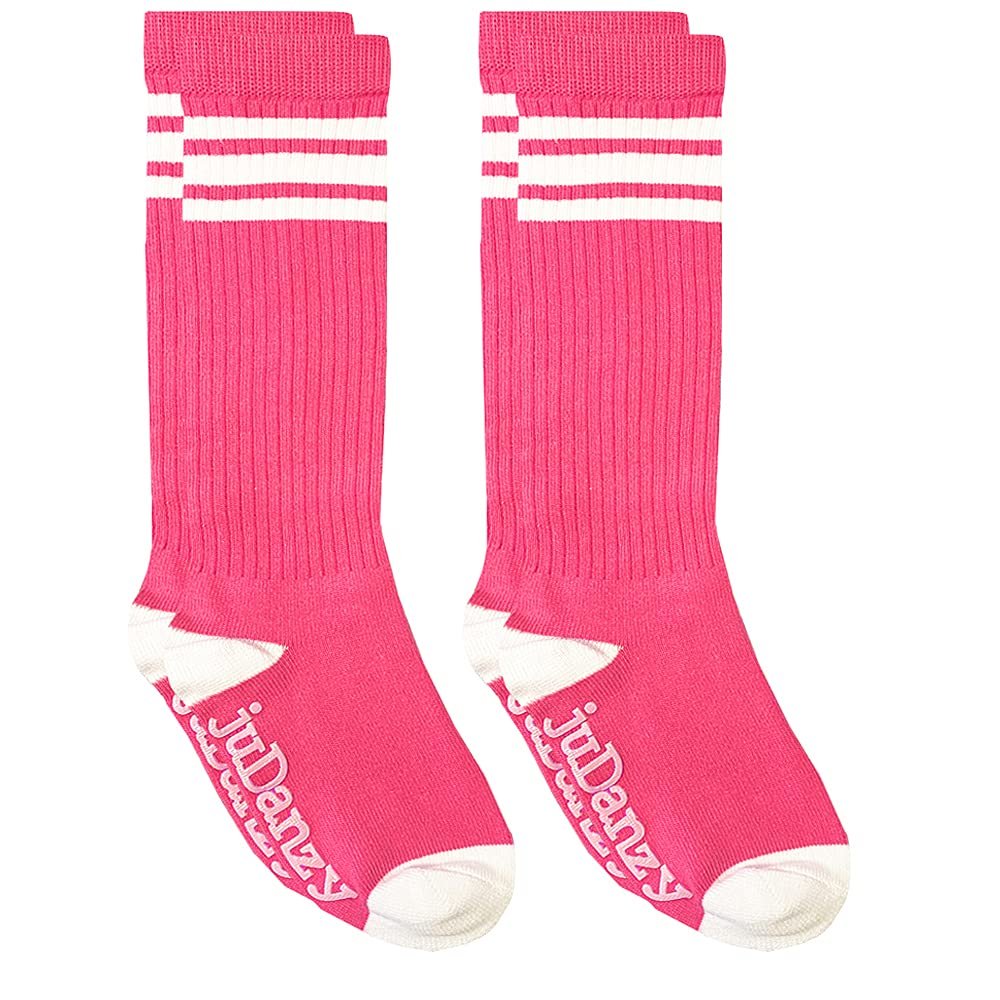 juDanzy 2 Pack Knee High Stripe Sporty Tube Socks for Boys and Girls (Hot Pink, 6-10 years)