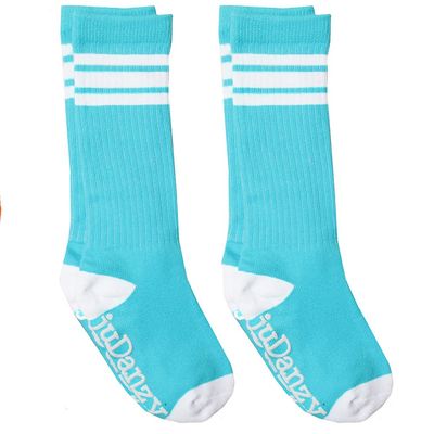 juDanzy 2 Pack Knee High Striped Sporty Tube Socks for Boys and Girls (Turquoise, 4-6 years)