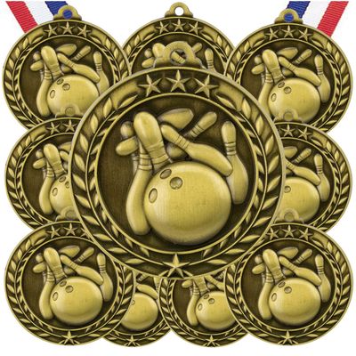 10 Pack Bowling Gold Medals Trophy Award with Neck Ribbons WAMG-906