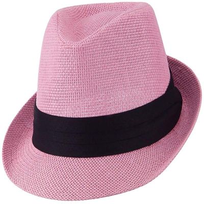 Ashen Fane Kid's Paper Straw with Black Band Fedora Hat, Pink