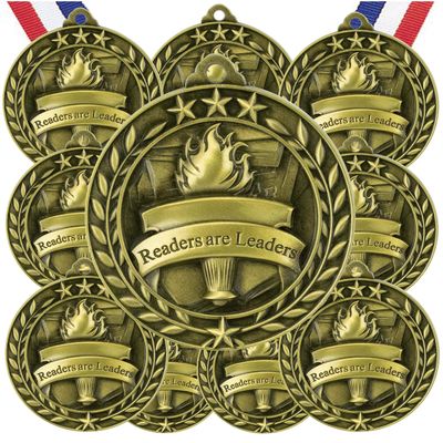 10 Pack Readers are Leaders Gold Medals Trophy Award with Neck Ribbons WAMG-997