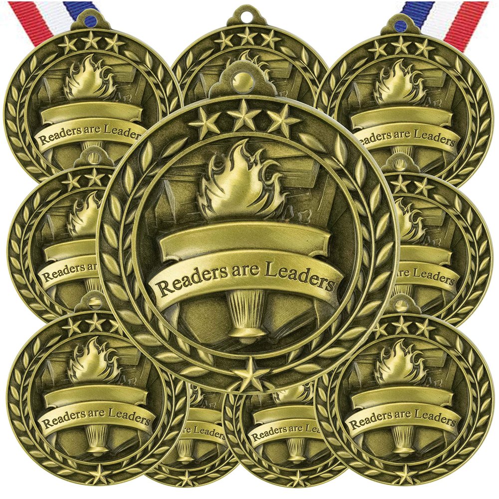10 Pack Readers are Leaders Gold Medals Trophy Award with Neck Ribbons WAMG-997