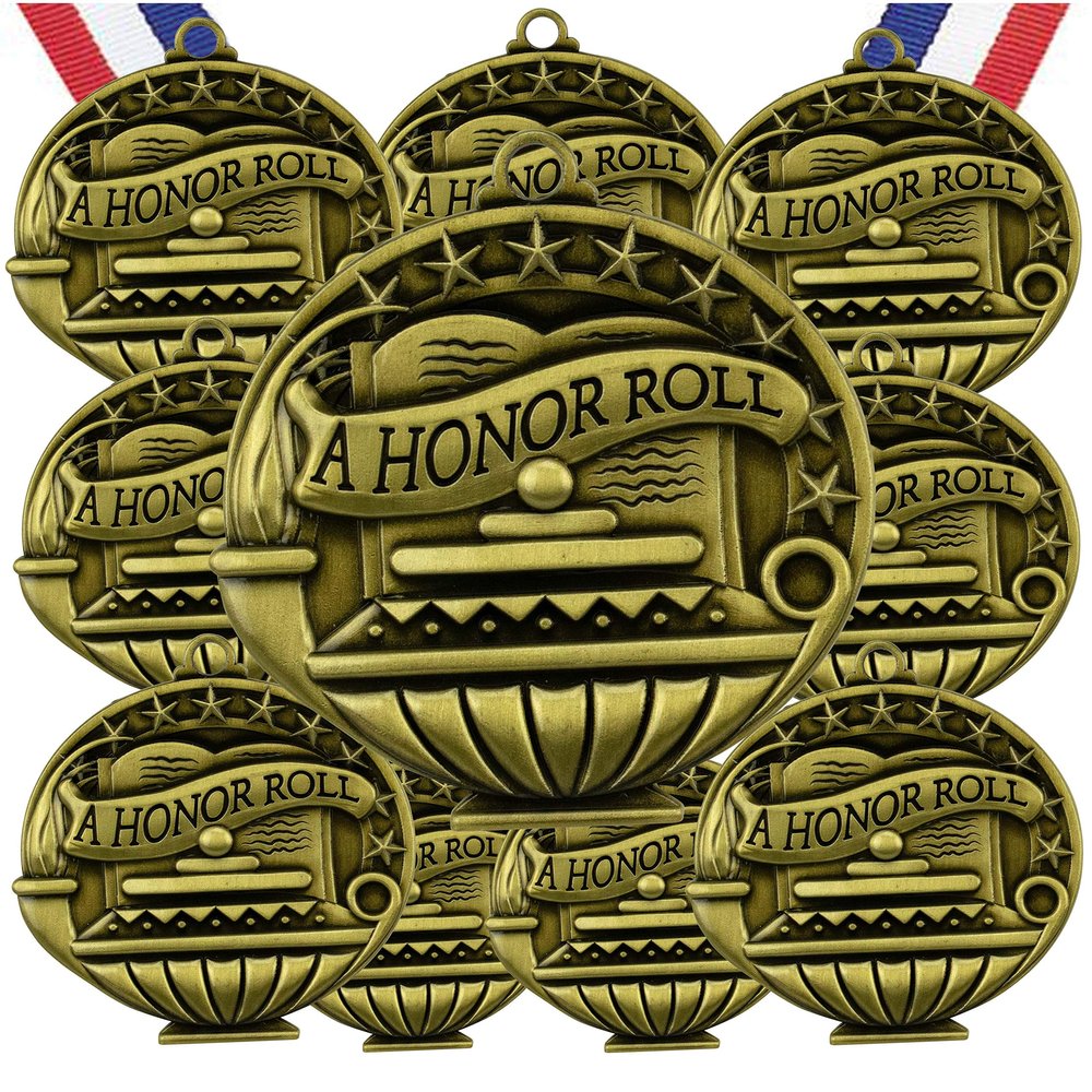 10 Pack A Honor Roll Gold Medals Trophy Award with Neck Ribbons APMG-736