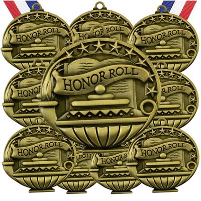 10 Pack Honor Roll Gold Medals Trophy Award with Neck Ribbons APMG-735