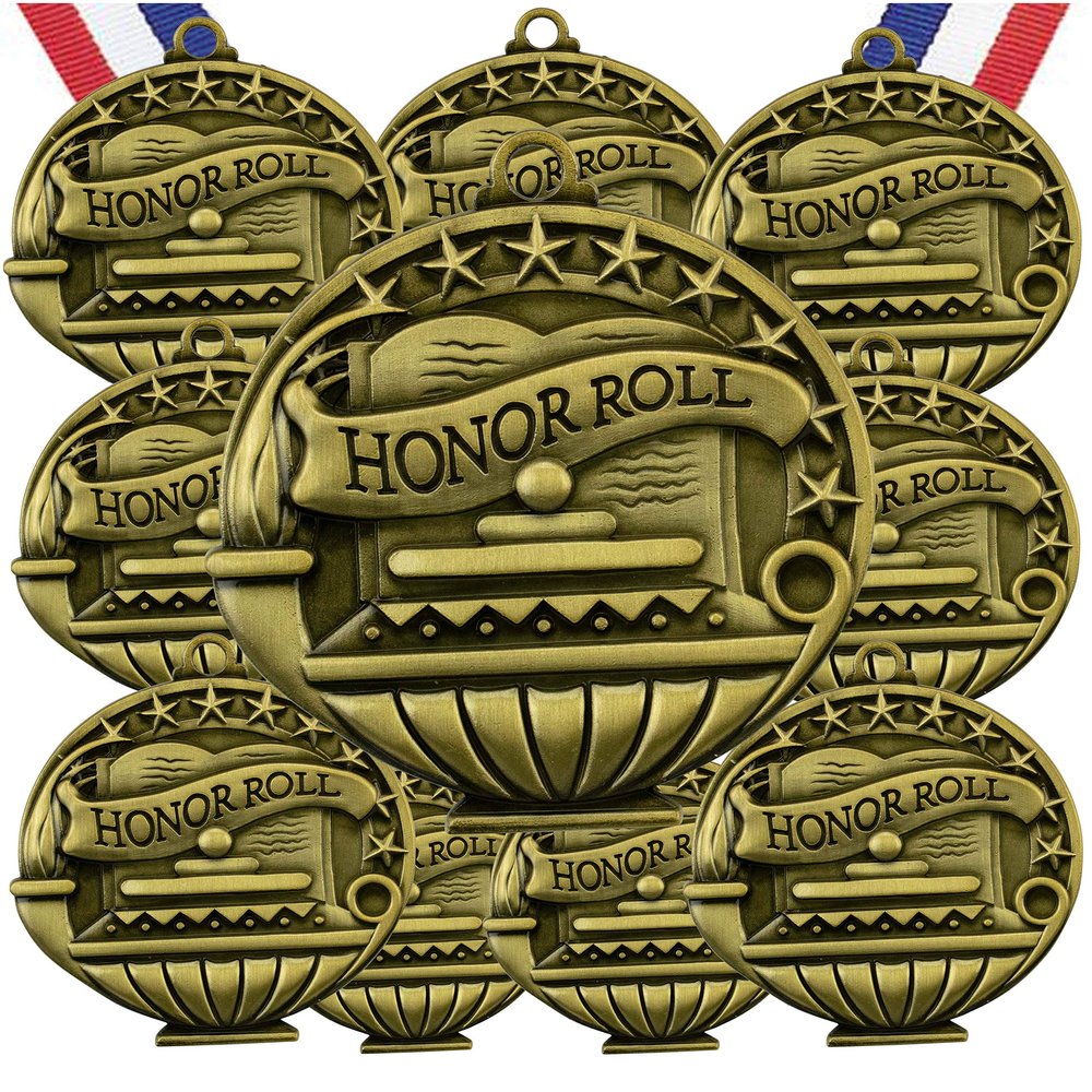 10 Pack Honor Roll Gold Medals Trophy Award with Neck Ribbons APMG-735