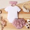 Dimoybabe Baby Girl Clothes Stuff Newborn Infant Summer Cute Outfit Cotton Ruffle Short Sleeve Romper + Solid Printed Pants + Headband White Pink Auntie is My Bestie 0-3 Months 70CM view 3