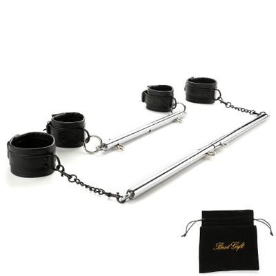 EXREIZST 2 Silver Spreader Bar Set with Bag and 4 Premium Soft Black Leather Straps Adjustable Expandable Yoga Sports Fitness Kit