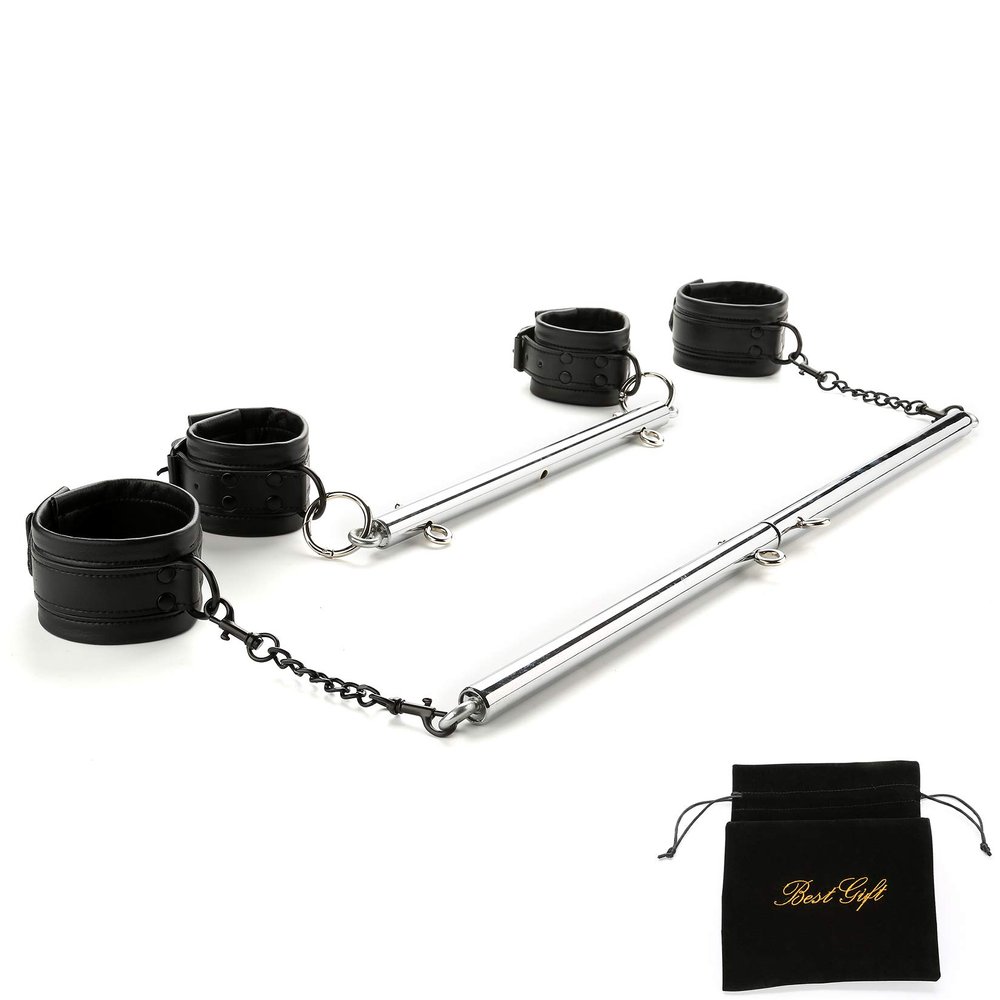 EXREIZST 2 Silver Spreader Bar Set with Bag and 4 Premium Soft Black Leather Straps Adjustable Expandable Yoga Sports Fitness Kit