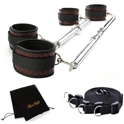 EXREIZST Adjustable 2 Silver Spreader Bar Set with Bag and 4 Brown Fur Leather Straps with Nylon Belts Sports Aid Training Fitness Kit
