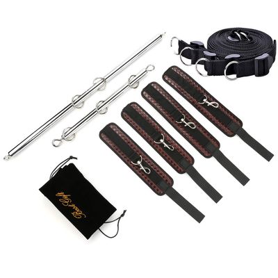 EXREIZST 2 Silver Spreader Bar Set with Bag and 4 Brown Fur Leather Straps with Nylon Belts Adjustable Expandable Yoga Sports Fitness Kit