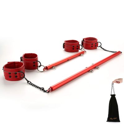 EXREIZST 2 Red Spreader Bar Set with Bag and 4 Premium Soft Red Leather Straps Adjustable Expandable Yoga Sports Fitness Kit