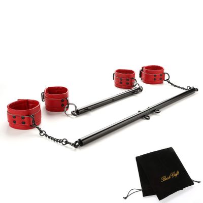 EXREIZST 2 Black Spreader Bar Set with Bag and 4 Premium Soft Red Leather Straps Adjustable Expandable Yoga Sports Fitness Kit