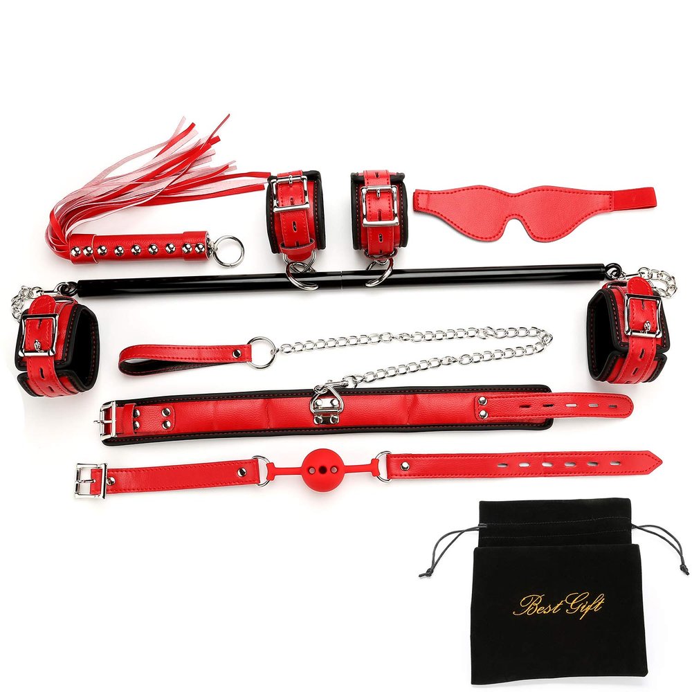 EXREIZST Black Spreader Bar Set with Bag and Premium Soft Leather Pad Red Straps System Set Adjustable Expandable Yoga Sports Fitness Kit