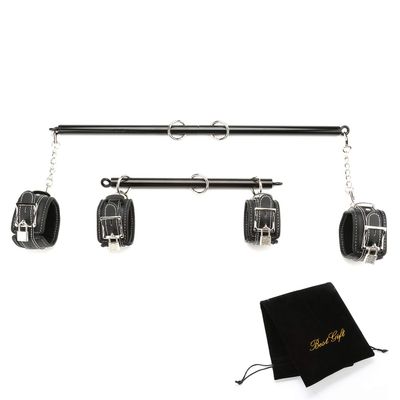 EXREIZST 2 Black Spreader Bar Set with Bag and 4 Premium Soft Pad Black Leather Straps Adjustable Expandable Yoga Sports Fitness Kit