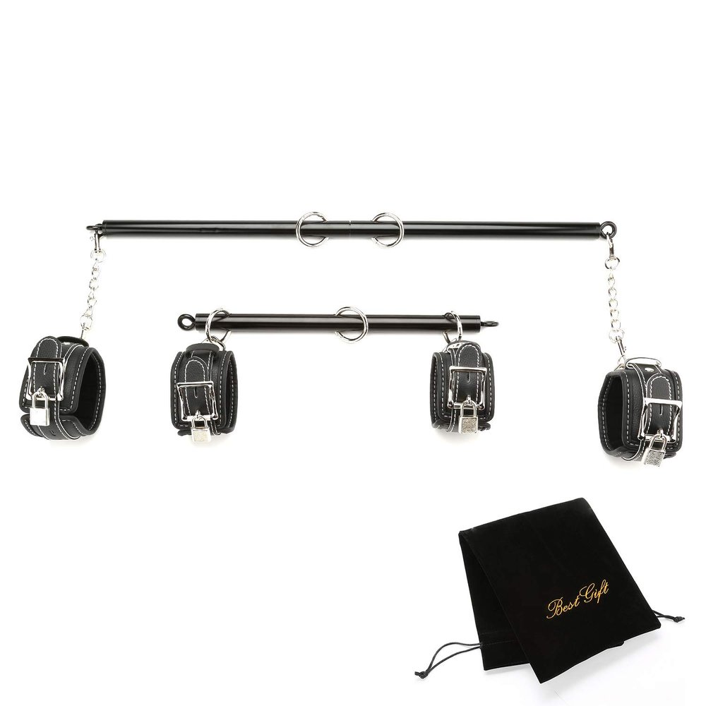 EXREIZST 2 Black Spreader Bar Set with Bag and 4 Premium Soft Pad Black Leather Straps Adjustable Expandable Yoga Sports Fitness Kit