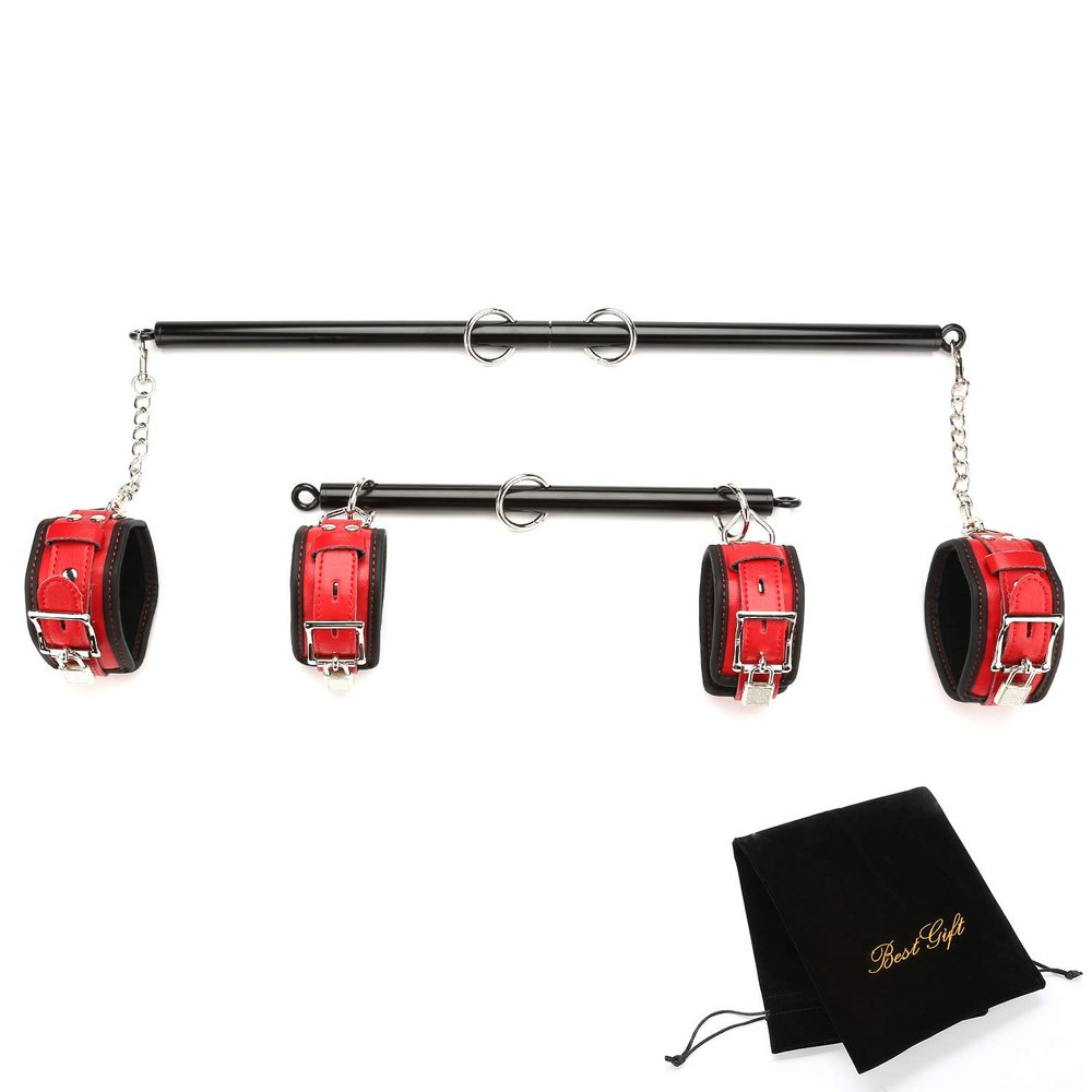 EXREIZST 2 Black Spreader Bar Set with Bag and 4 Premium Soft Pad Red Leather Straps Adjustable Expandable Yoga Sports Fitness Kit