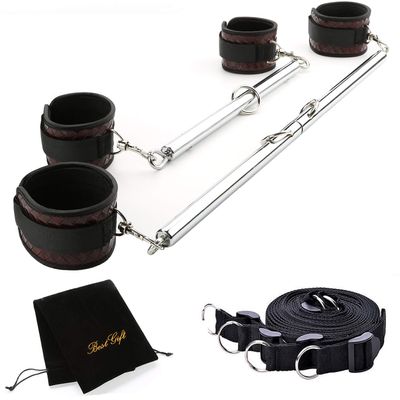 EXREIZST 2 Silver Pilates Spreader Bar Set and 4 Brown Fur Leather Straps with Nylon Belts Adjustable Sports Aid Training Fitness Kit