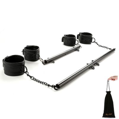 EXREIZST 2 Black Spreader Bar Set with Bag and 4 Premium Soft Black Leather Straps Adjustable Expandable Yoga Sports Fitness Kit