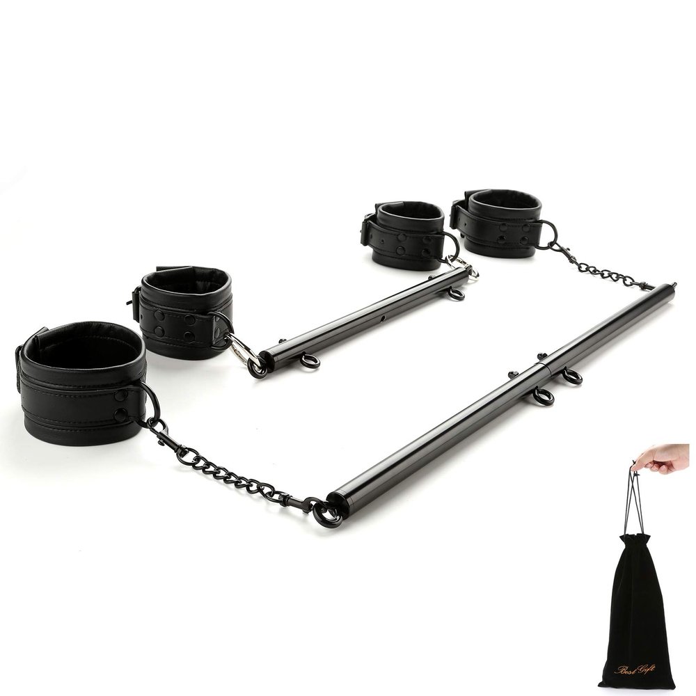 EXREIZST 2 Black Spreader Bar Set with Bag and 4 Premium Soft Black Leather Straps Adjustable Expandable Yoga Sports Fitness Kit