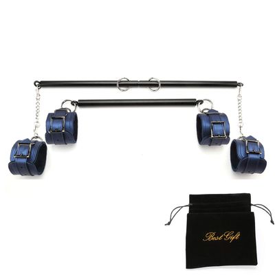 EXREIZST 2 Black Spreader Bar Set with Bag and 4 Blue Soft Fur Leather Straps Adjustable Expandable Yoga Sports Fitness Kit