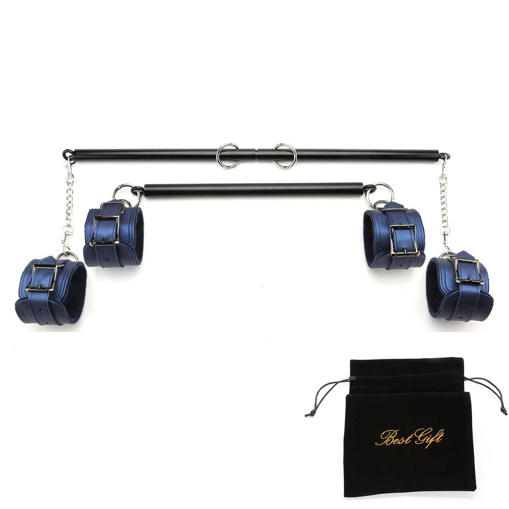 EXREIZST 2 Black Spreader Bar Set with Bag and 4 Blue Soft Fur Leather Straps Adjustable Expandable Yoga Sports Fitness Kit