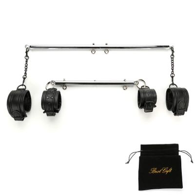 EXREIZST 2 Silver Pilates Spreader Bar Set and 4 Premium Soft Black Leather Straps Adjustable Sports Aid Training Fitness Kit