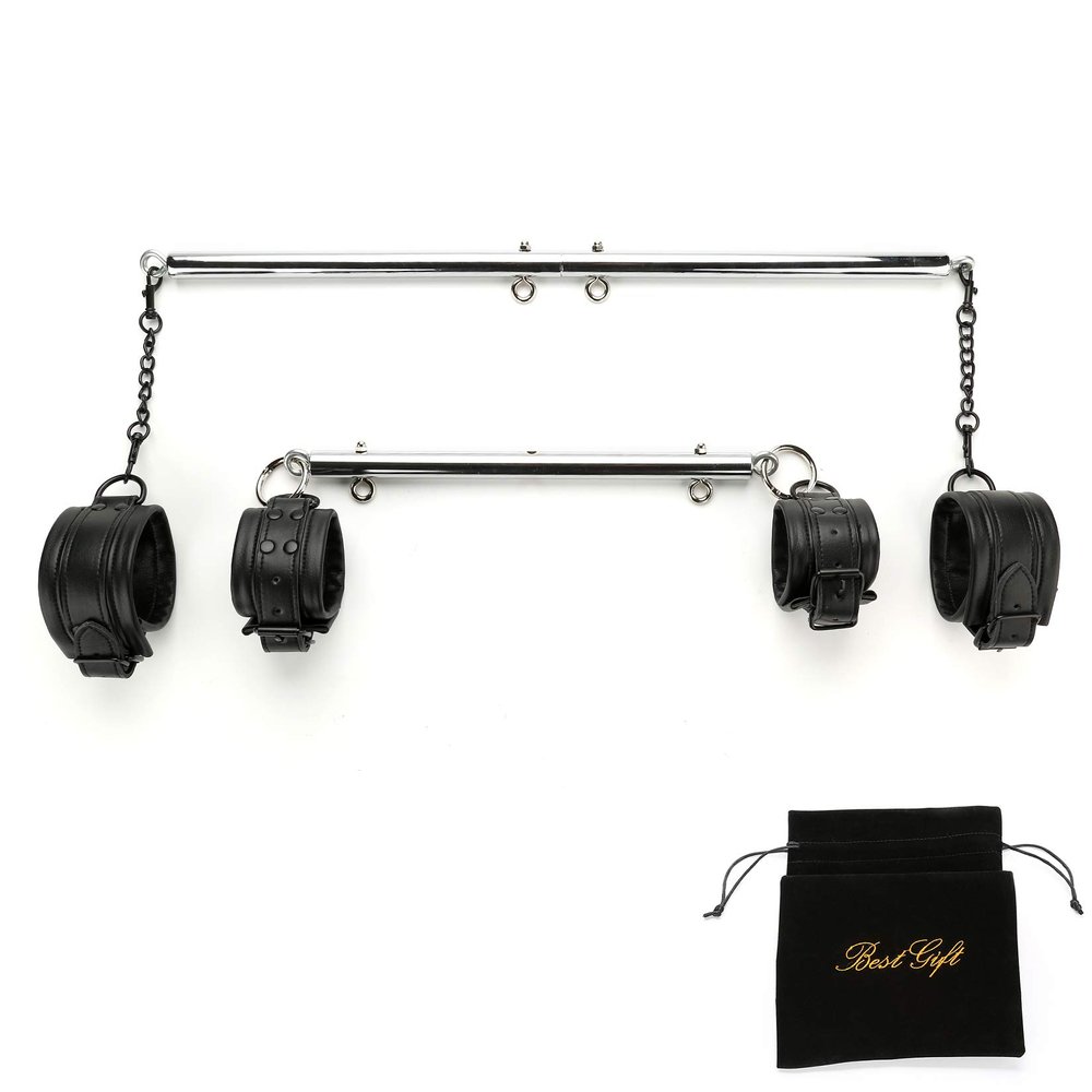 EXREIZST 2 Silver Pilates Spreader Bar Set and 4 Premium Soft Black Leather Straps Adjustable Sports Aid Training Fitness Kit