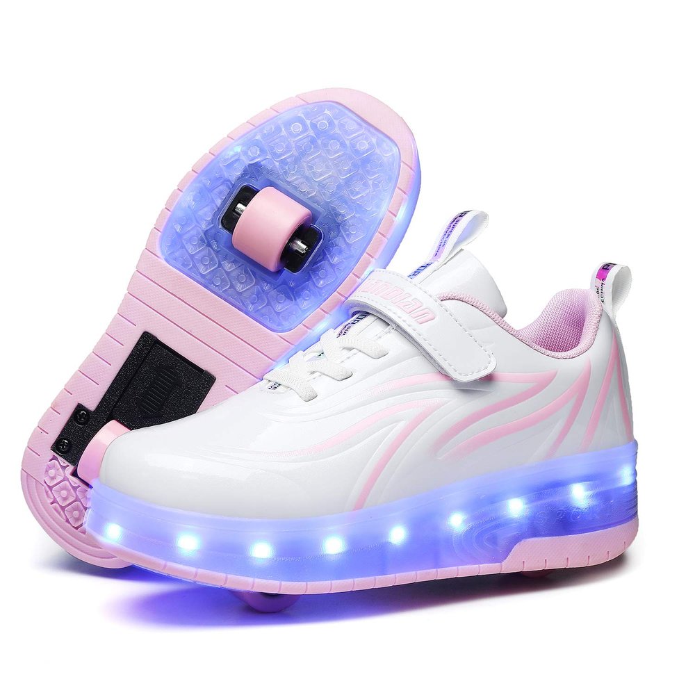 BFOEL Rechargeable Roller Shoes for Boys Girls Age 6-14 with LED Light-Up Kids Sneakers for Outdoor Play, Birthday White-Pink