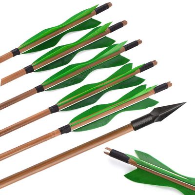 AMEYXGS 6/12pcs Archery Bamboo Arrows Traditional Hunting Arrows 5" Turkey Feathers for Target Practice Recurve Bow Longbow Outdoor Shooting (Green, 12pcs)