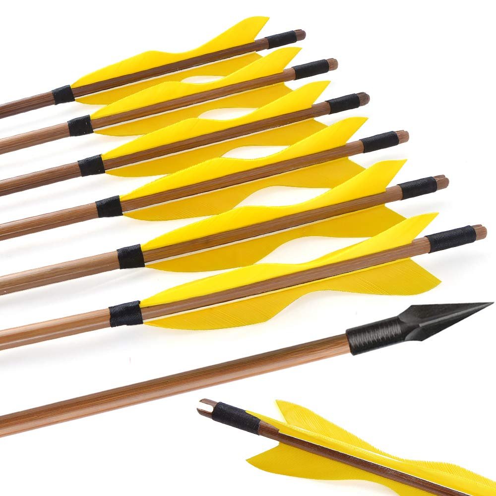 AMEYXGS 6/12pcs Archery Bamboo Arrows Traditional Hunting Arrows 5" Turkey Feathers for Target Practice Recurve Bow Longbow Outdoor Shooting (Yellow, 12pcs)