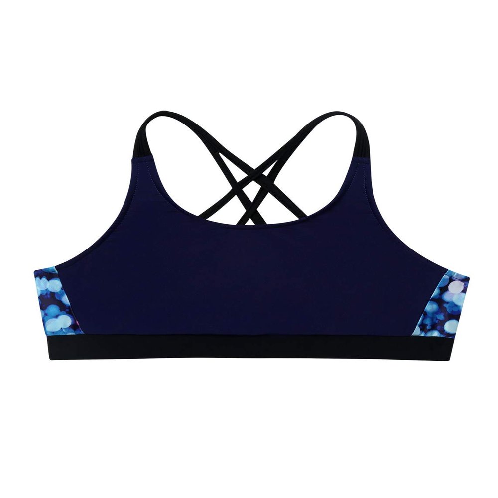 Nikiikoo Kids Girls' Digital Printed Training Sports Bra Top Criss Cross Back Top for Gymnastics/Dance Navy Blue 4