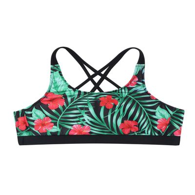 Nikiikoo Kids Girls' Digital Printed Training Sports Bra Top Criss Cross Back Top for Gymnastics/Dance Hibiscus Red 6