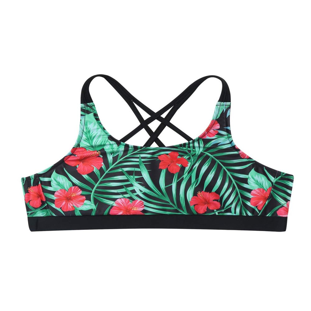 Nikiikoo Kids Girls' Digital Printed Training Sports Bra Top Criss Cross Back Top for Gymnastics/Dance Hibiscus Red 6