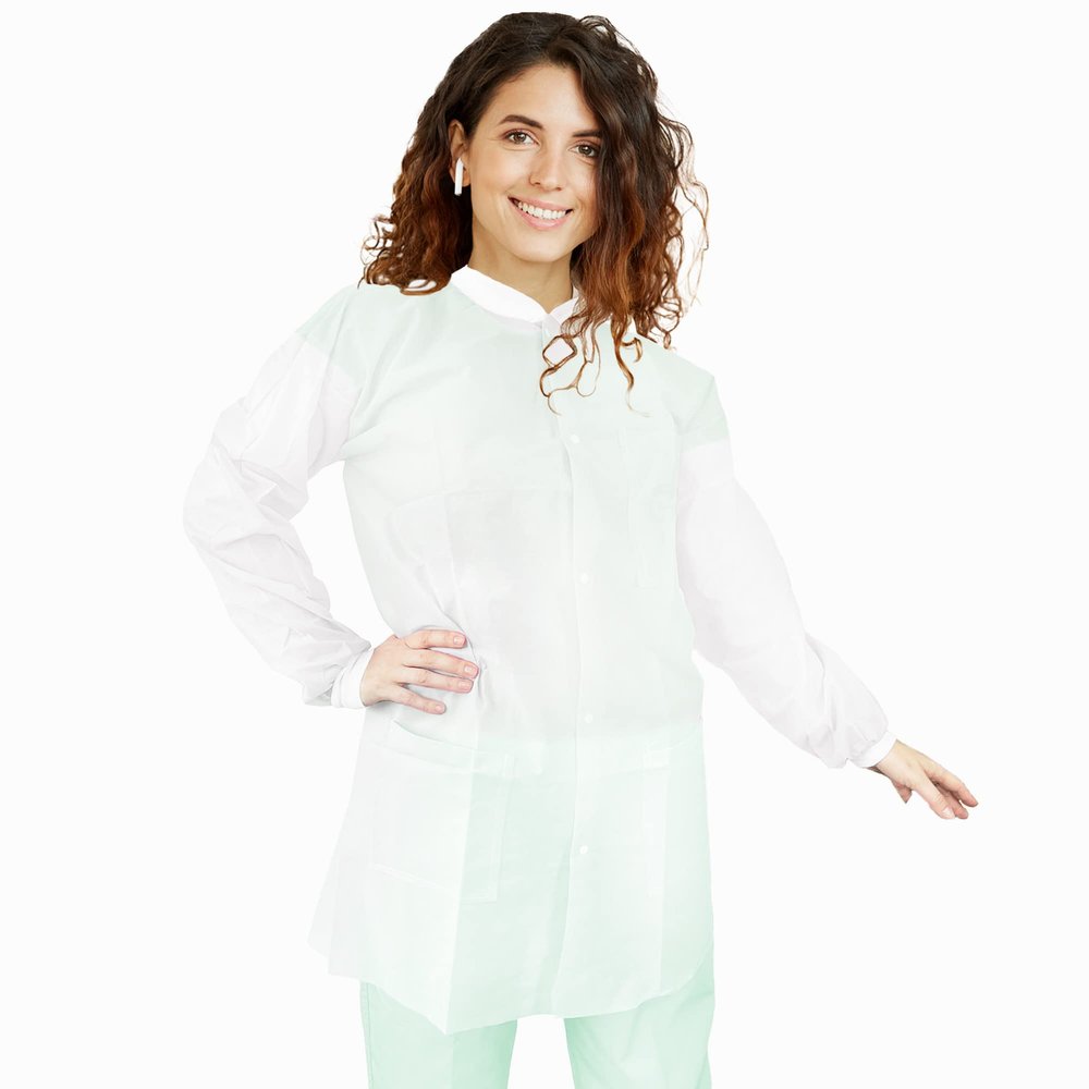 EZGOODZ White Disposable Lab Coats for Adults, 41 Inch Long, 2X-Large. Pack of 10 SMS 40 GSM Disposable Coats Medical. Adult Lab Coat with Front Snaps, Knit Cuffs and Collar, 3 Pockets