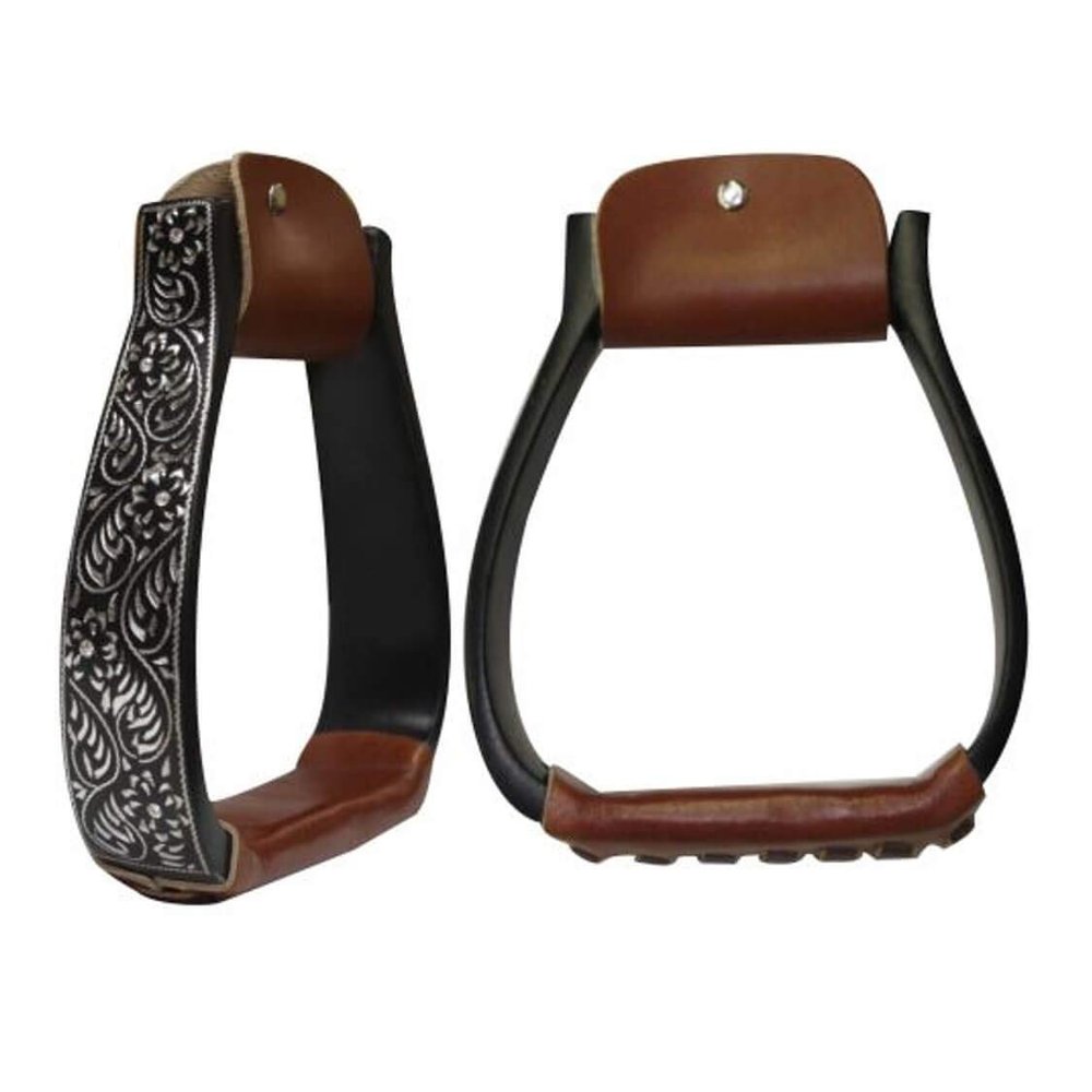New Black Aluminum Western Saddle Stirrups with Engraved Silver and Crystal Rhinestones