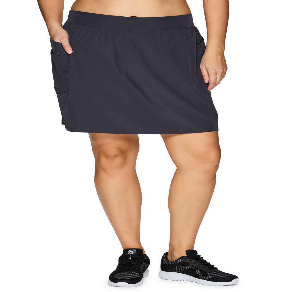 RBX Active Women's Plus Size Skort, Stretch Woven Golf/Tennis/Pickleball Skirt with Attached Bike Short, Zipper Pocket S21 Charcoal 1X