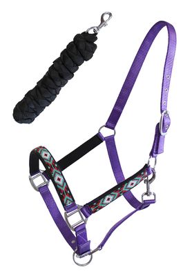 CHALLENGER Nylon Horse Padded Beaded Inlay Halter w/Lead Rope Purple 606175PR