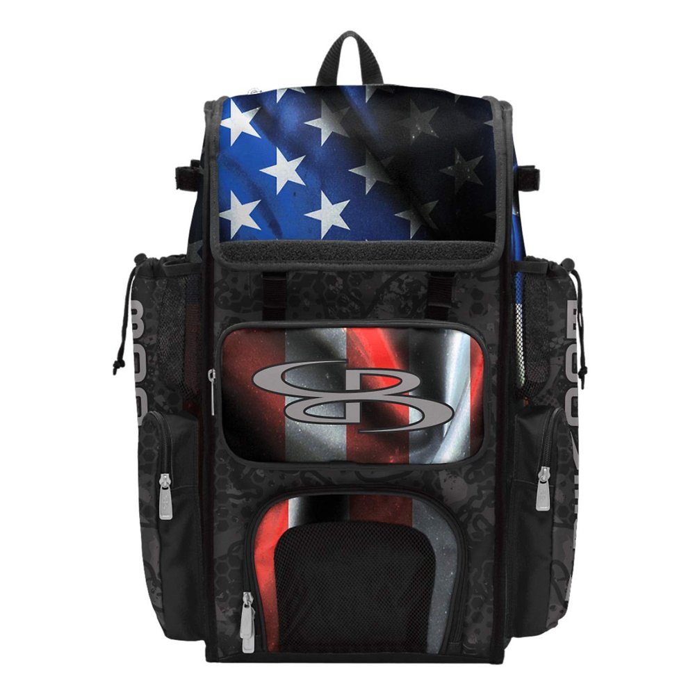 Boombah Superpack Bat Bag - Backpack Version (no wheels) - Holds 4 Bats - USA Black Ops Black/Royal Blue/Red