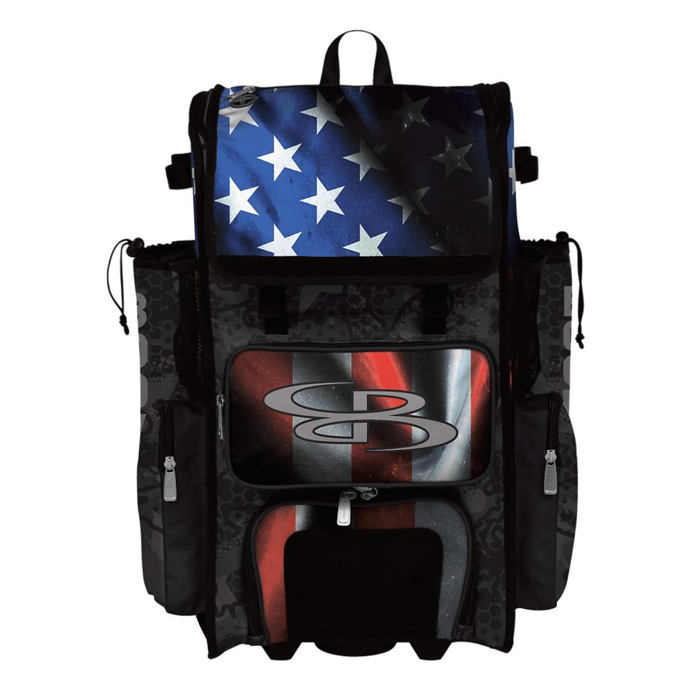 Boombah Superpack Hybrid Rolling Bat Bag - USA Black Ops Black/Royal Blue/Red - Wheeled & Backpack Version