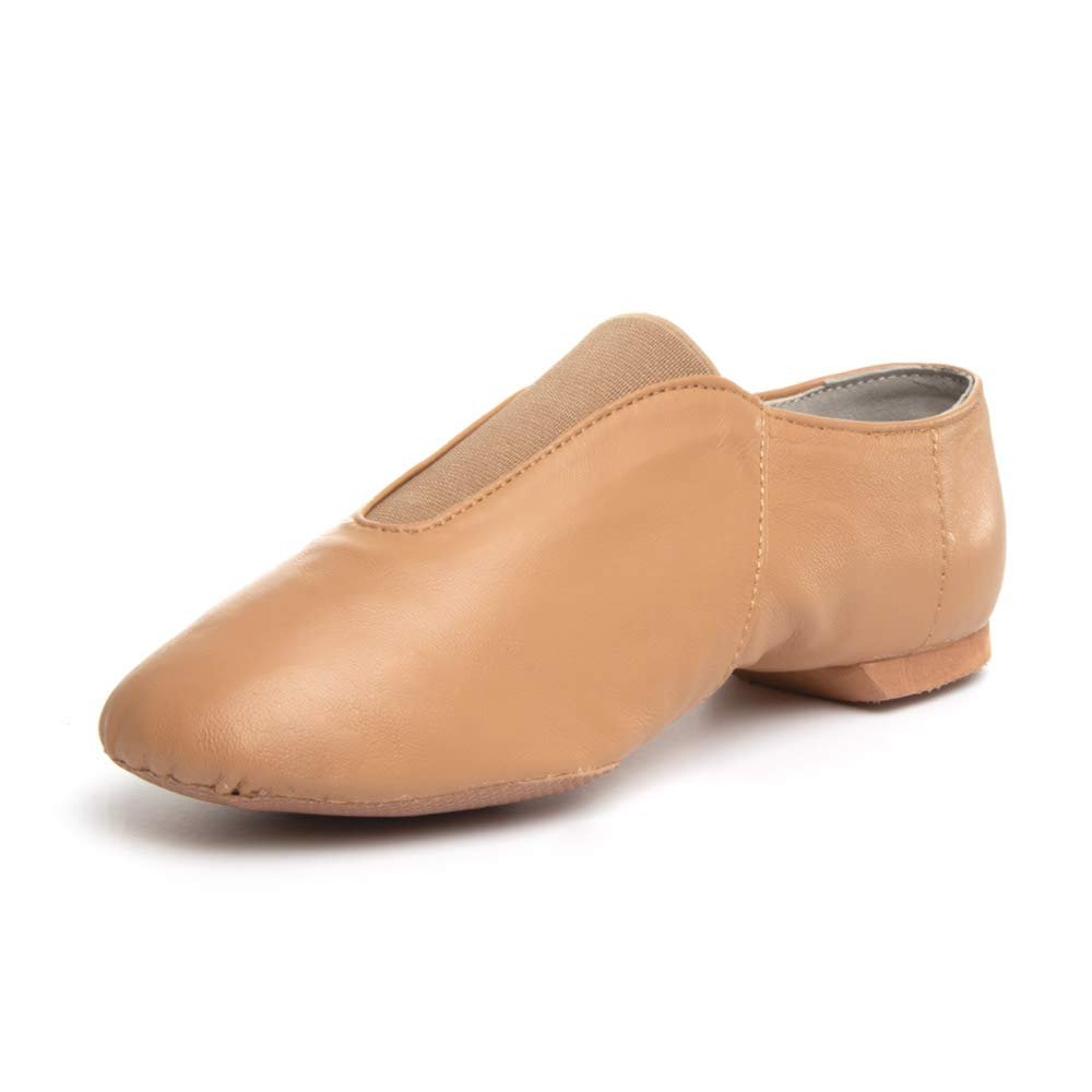 Slip On Jazz Shoe Leather and Elastic Dance Jazz Shoe for Girls and Boy Youth Children Tan