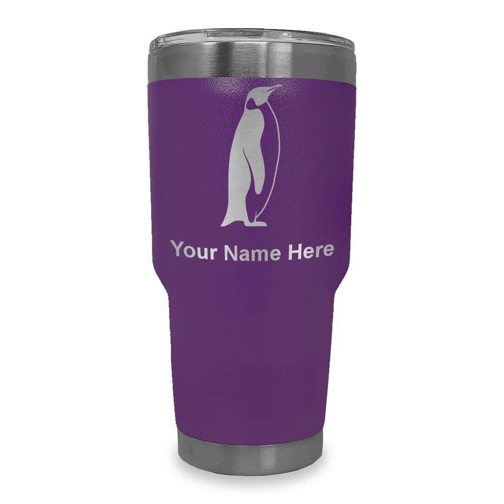 LaserGram 30oz Vacuum Insulated Tumbler Mug, Penguin, Personalized Engraving Included (Dark Purple)