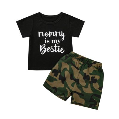 2pcs Summer Shorts Set for Toddler Baby Boys Letter Print Short Sleeve Top T-Shirt Camo Outfits (Black, 18-24 Months)