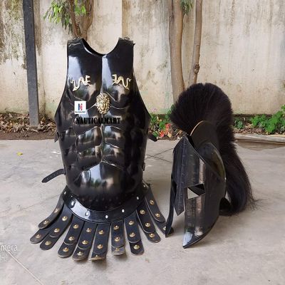 Roman Muscle Armor Cuirass Black Antique Finish Muscle Armor with Black Spartan Helmet Halloween Costume