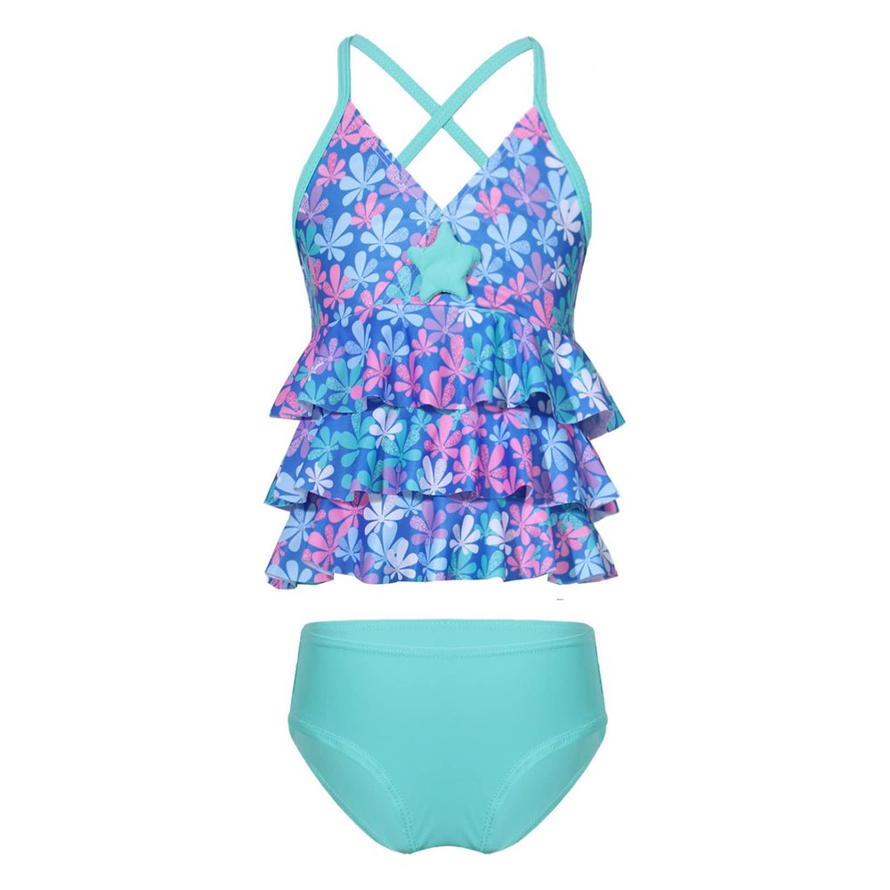 Yartina Kids Girls 2PCS Bikini Tankini Mermaid Scales Swimsuit Ruffle Tiered Top with Bottoms Bathing Suit Green 3