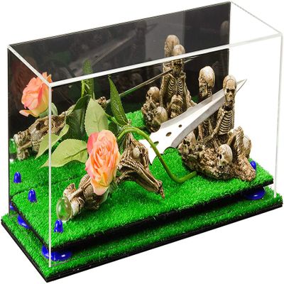 Better Display Cases Versatile Clear Acrylic Trucks, Trains and Rockets Display Case - Large Rectangle Box with Mirror Case, Dark Blue Risers and Turf Base 17" x 6" x 7" (A019/V46)