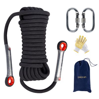 EMEKIAN 12 mm Black Indoor Outdoor Climbing Rope, 30 M (98 ft) Static Rock Climbing Rope for Escape Rope, Ice Climbing Equipment, Fire Safety Rescue Rope, with Non Slip Gloves